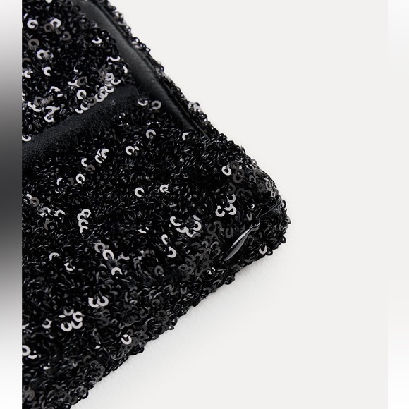 Zara Black Sequin Mini party Skirt mid waist Slit hem ZW Collection size S NWT - Picture 8 of 16